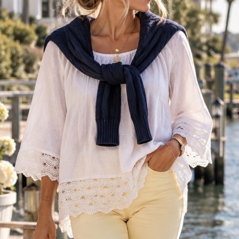J.Crew White 100% Linen Eyelet Lace Trim Peasant Blouse XL D3